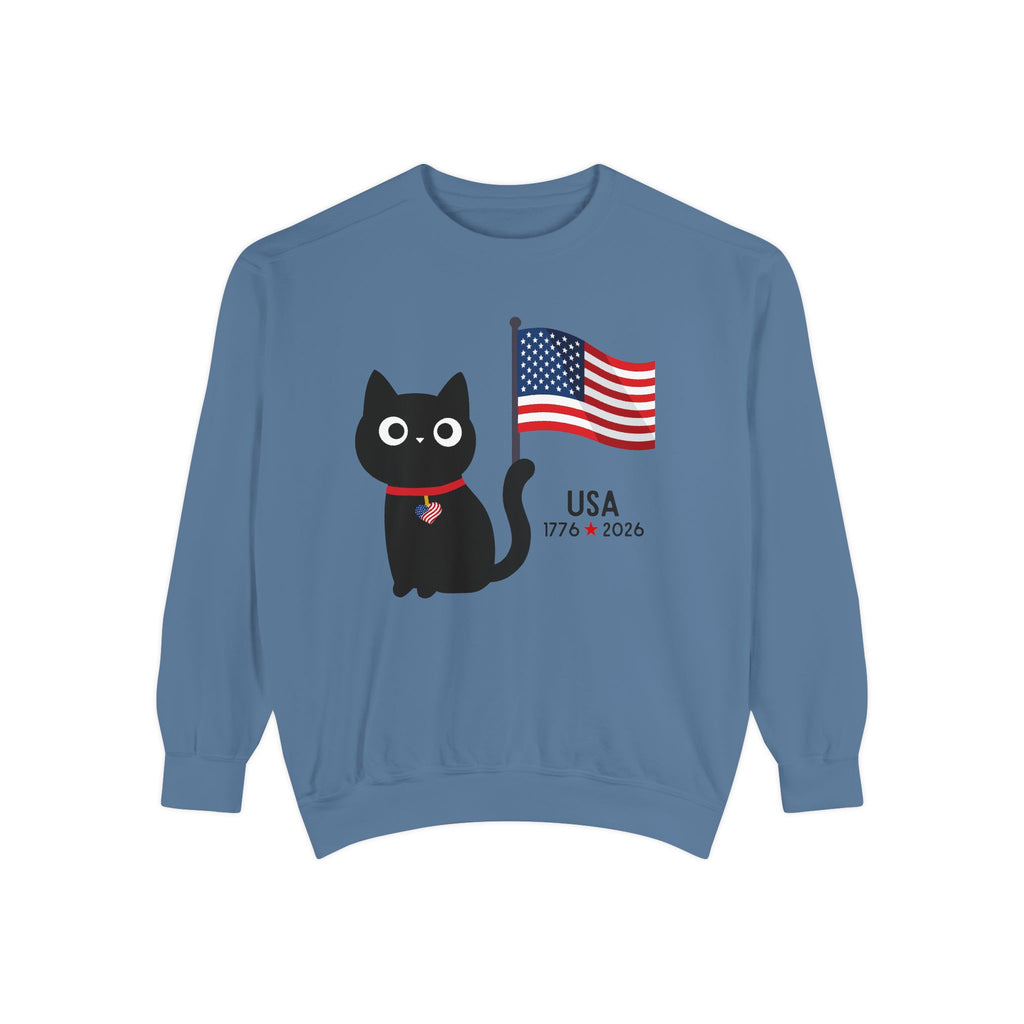 Patriotic Black Cat Sweatshirt — USA Flag 1776–2026