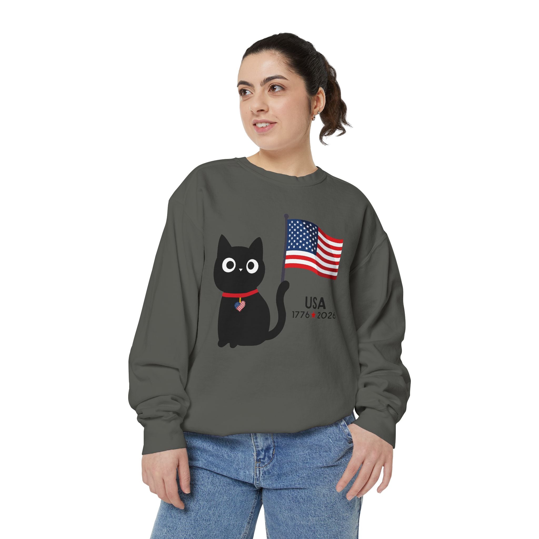 Patriotic Black Cat Sweatshirt — USA Flag 1776–2026