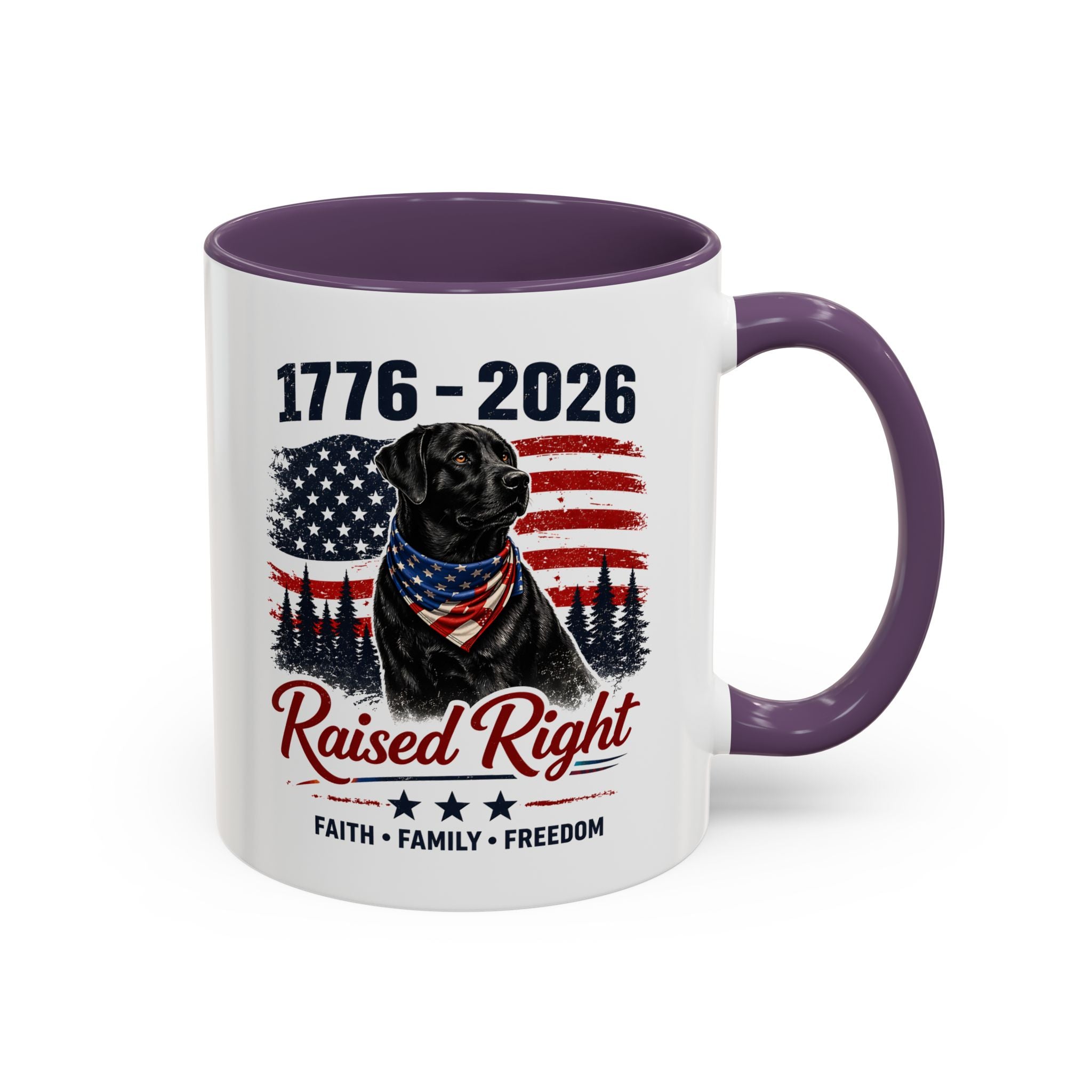 Raised Right Black Lab Coffee Mug — Patriotic 1776–2026 American Flag Dog Mug