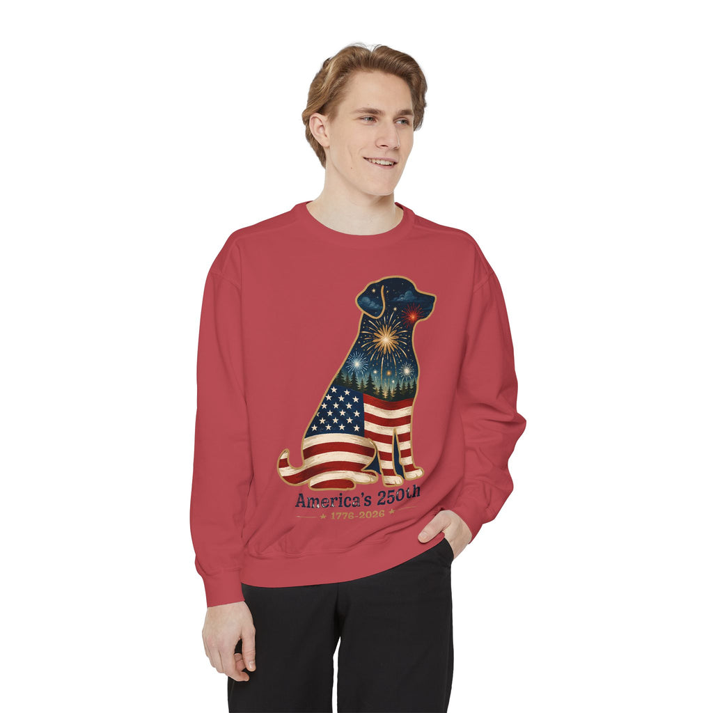 Dog Patriotic Sweatshirt – "America's 250th" Flag Labrador Crewneck