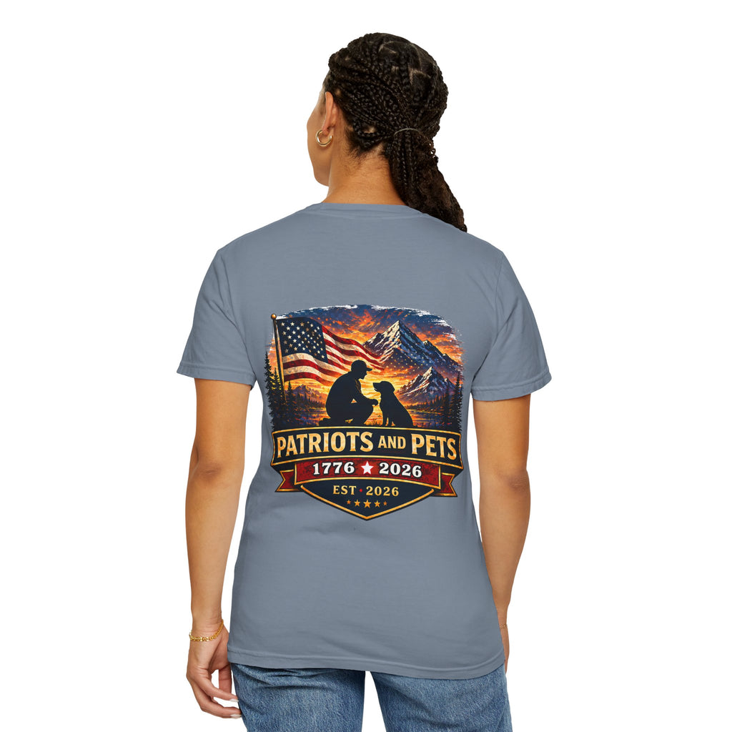 Patriots and Pets T-Shirt – 1776–2026 American Flag & Dog Tribute Tee