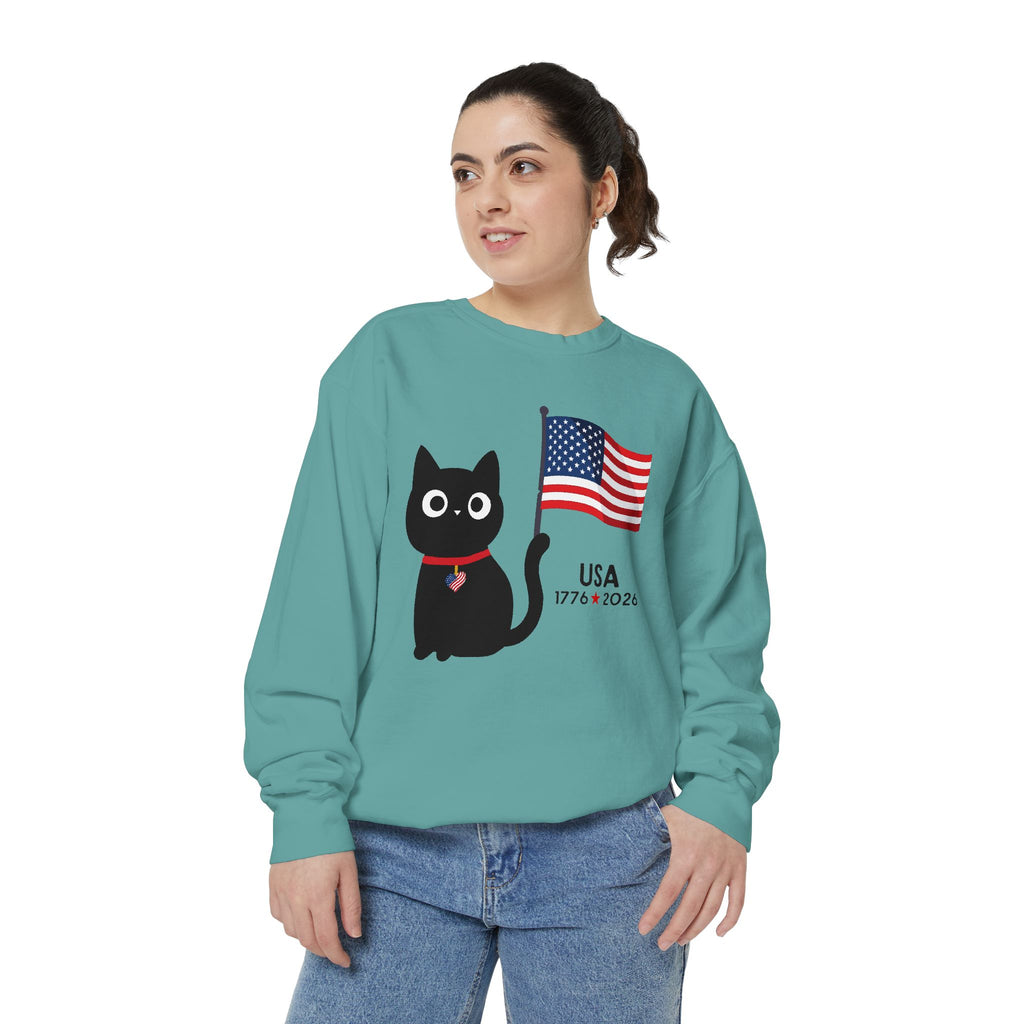 Patriotic Black Cat Sweatshirt — USA Flag 1776–2026