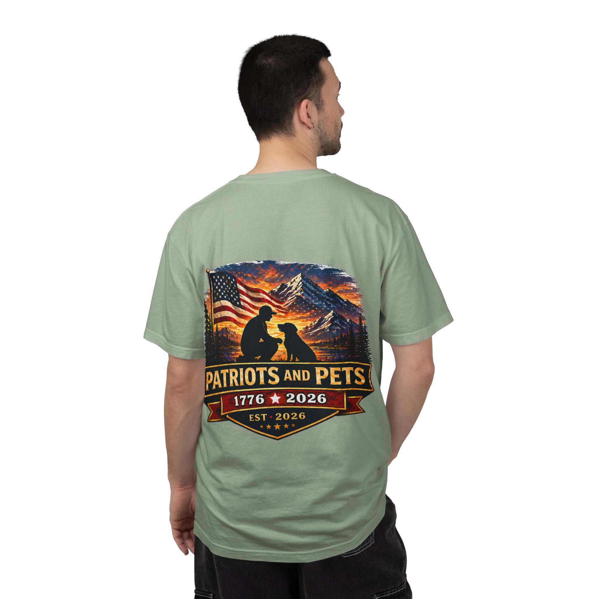 Patriots and Pets T-Shirt – 1776–2026 American Flag & Dog Tribute Tee