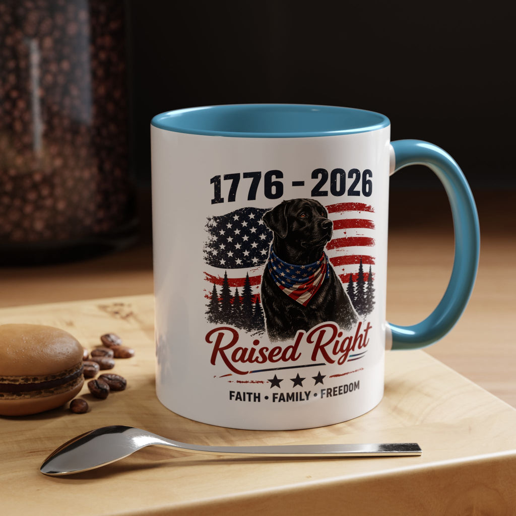 Raised Right Black Lab Coffee Mug — Patriotic 1776–2026 American Flag Dog Mug