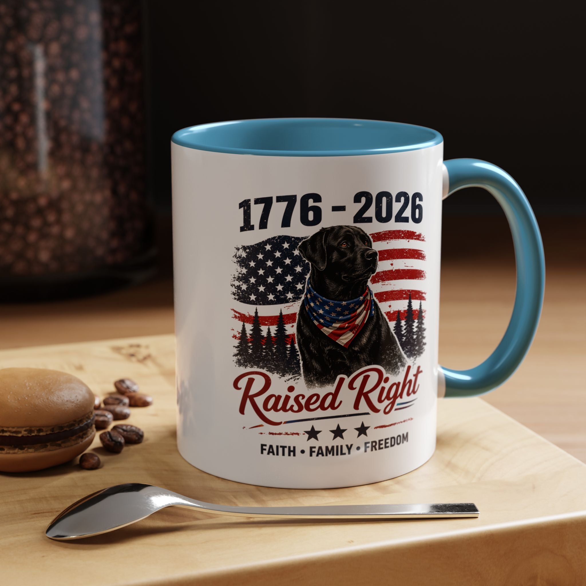 Raised Right Black Lab Coffee Mug — Patriotic 1776–2026 American Flag Dog Mug