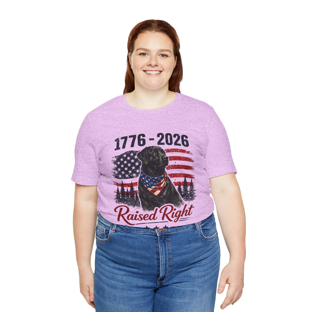 Raised Right Black Lab T-Shirt – 1776–2026 American Flag, Faith • Family • Freedom