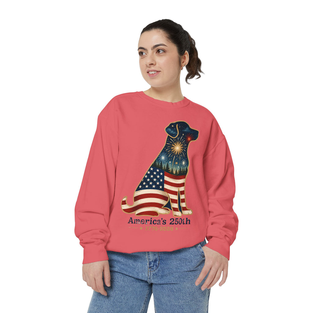 Dog Patriotic Sweatshirt – "America's 250th" Flag Labrador Crewneck