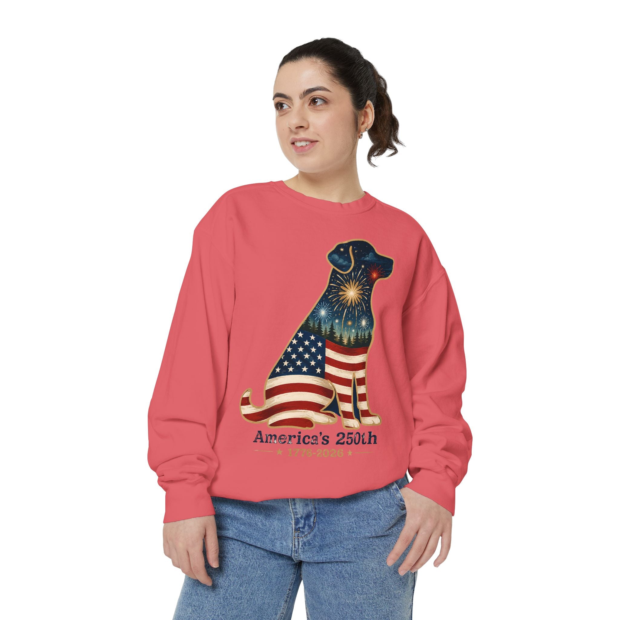 Dog Patriotic Sweatshirt – "America's 250th" Flag Labrador Crewneck
