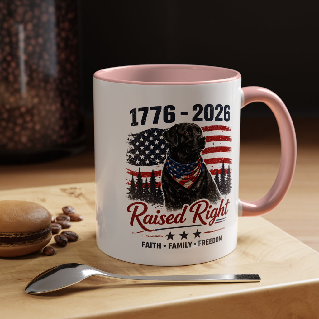 Raised Right Black Lab Coffee Mug — Patriotic 1776–2026 American Flag Dog Mug