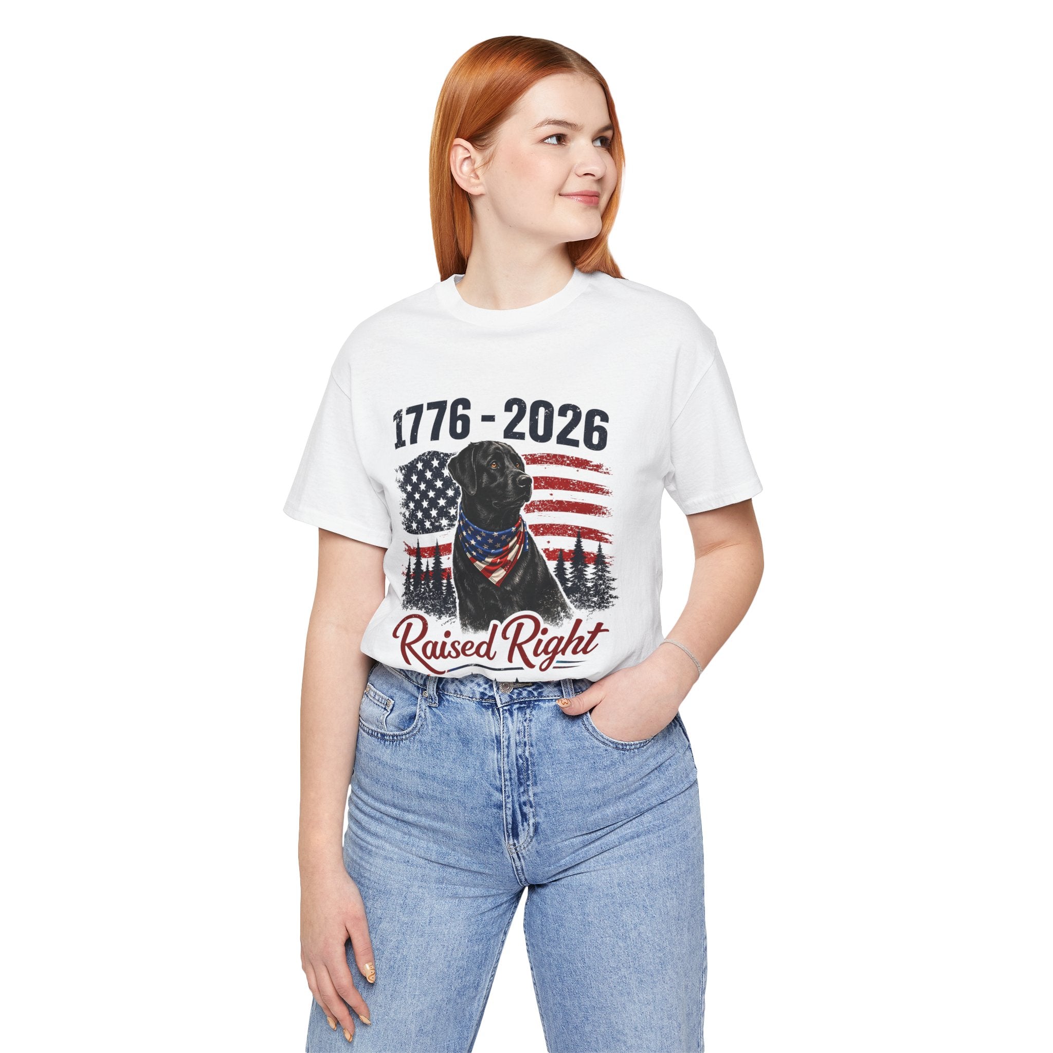 Raised Right Black Lab T-Shirt – 1776–2026 American Flag, Faith • Family • Freedom