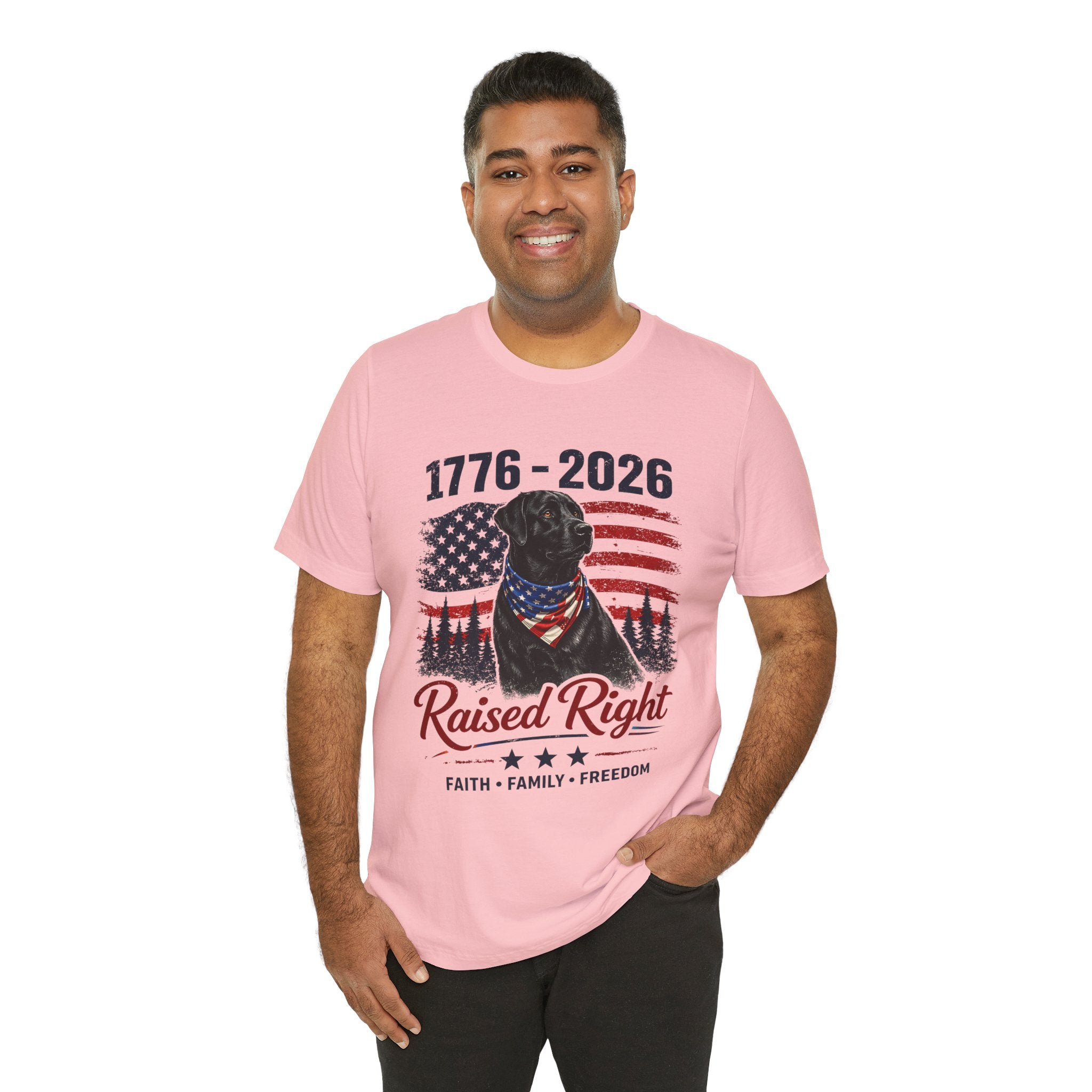 Raised Right Black Lab T-Shirt – 1776–2026 American Flag, Faith • Family • Freedom