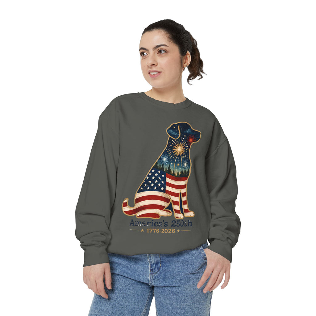 Dog Patriotic Sweatshirt – "America's 250th" Flag Labrador Crewneck