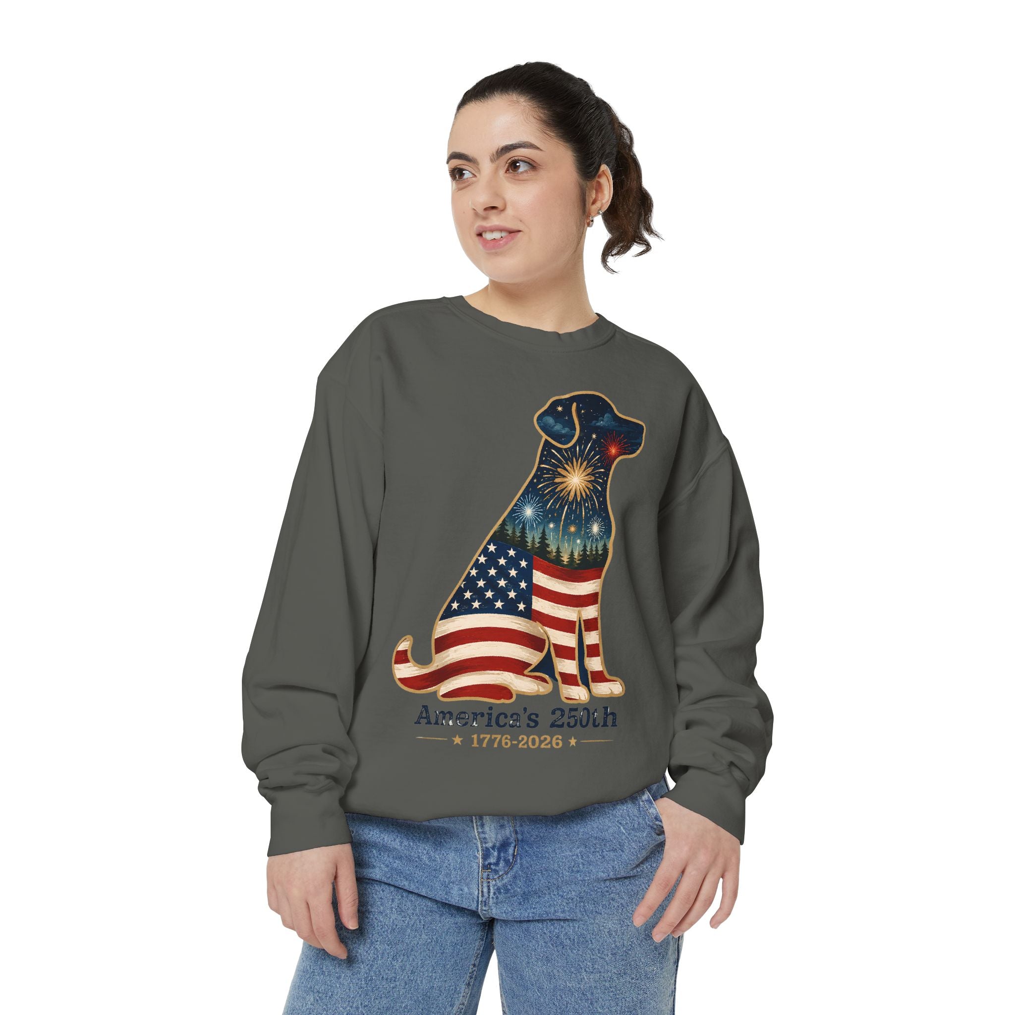 Dog Patriotic Sweatshirt – "America's 250th" Flag Labrador Crewneck