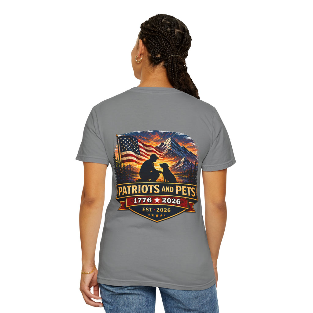 Patriots and Pets T-Shirt – 1776–2026 American Flag & Dog Tribute Tee