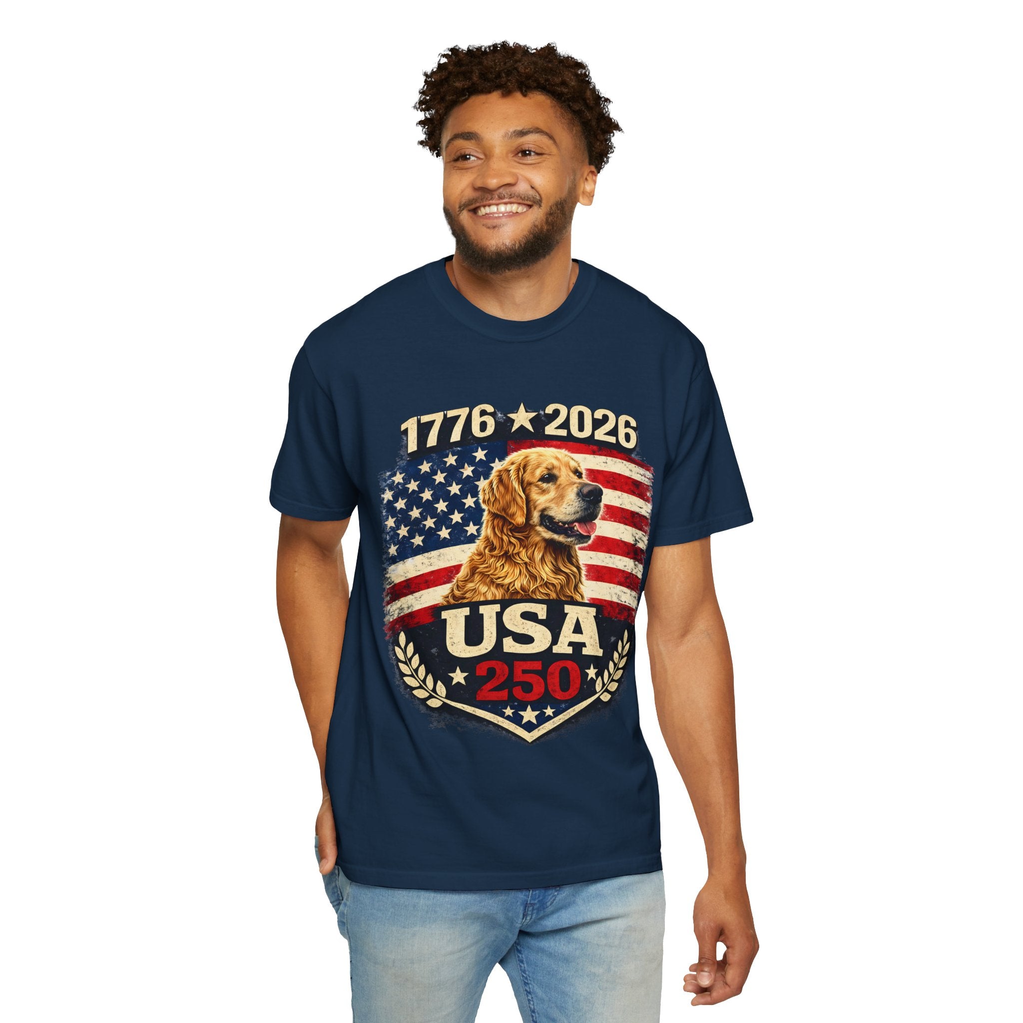USA 250 Golden Retriever T-Shirt — 1776–2026 Patriotic 250th Anniversary Tee