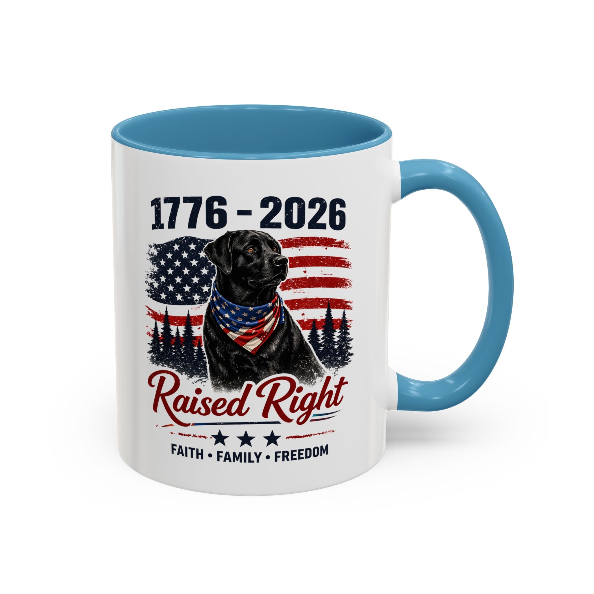 Raised Right Black Lab Coffee Mug — Patriotic 1776–2026 American Flag Dog Mug