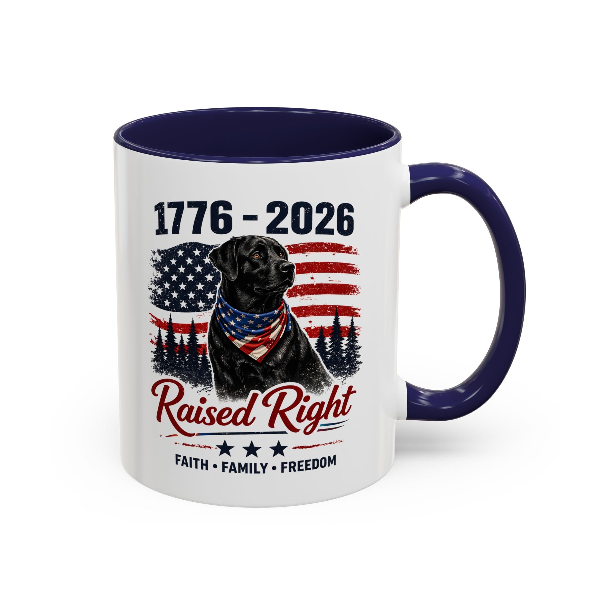 Raised Right Black Lab Coffee Mug — Patriotic 1776–2026 American Flag Dog Mug