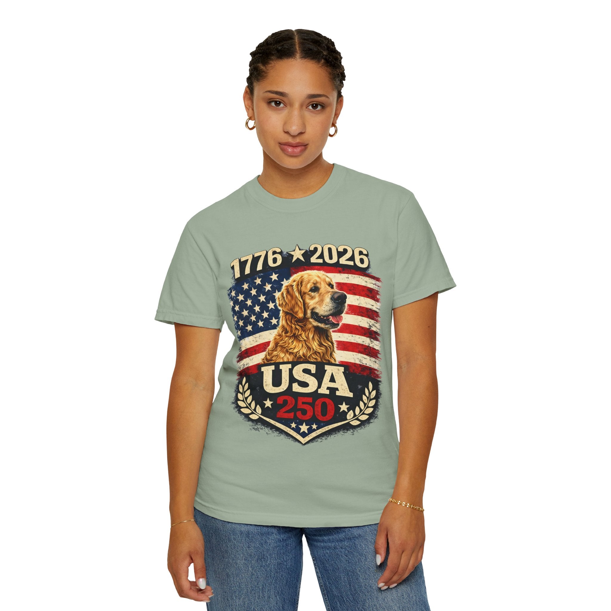 USA 250 Golden Retriever T-Shirt — 1776–2026 Patriotic 250th Anniversary Tee