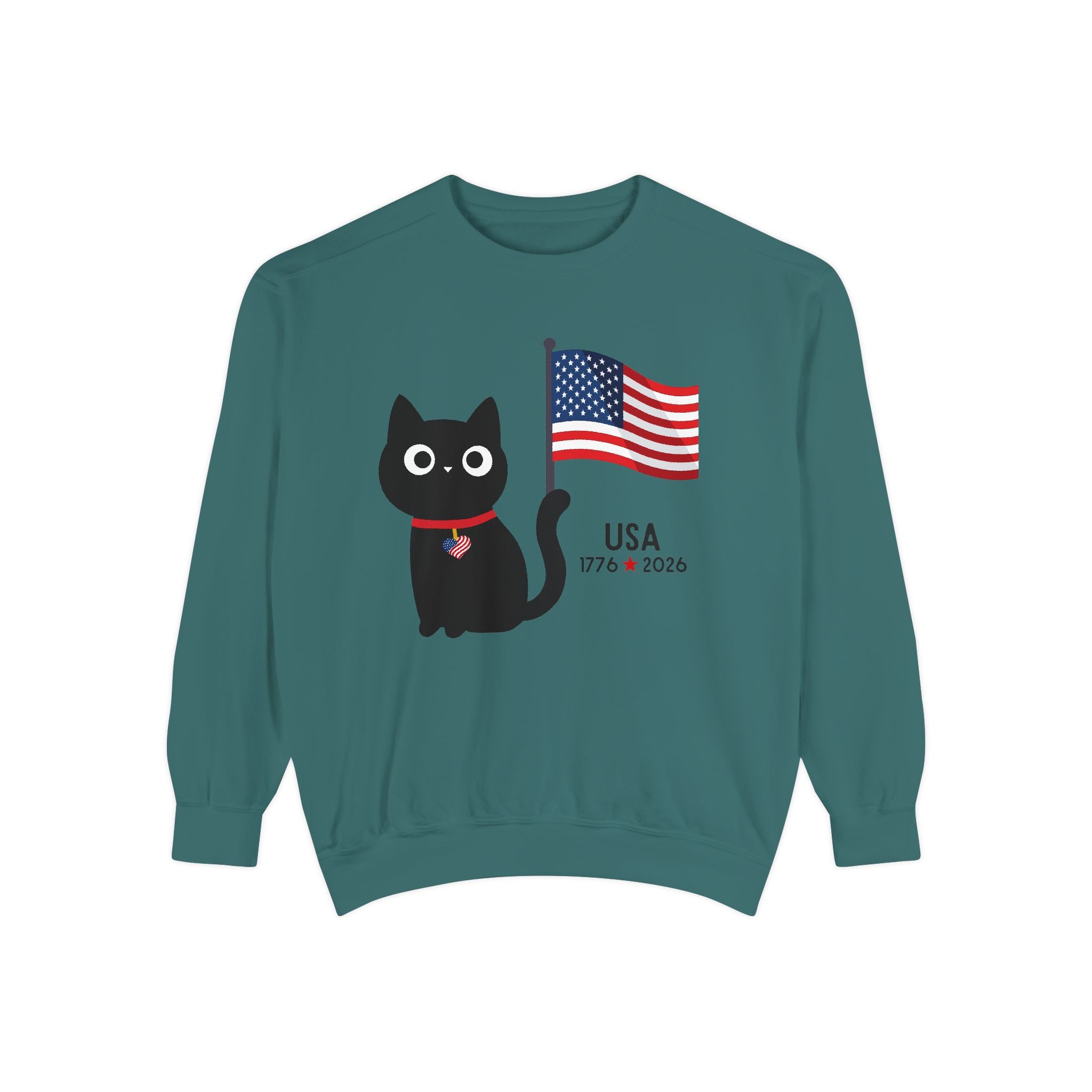 Patriotic Black Cat Sweatshirt — USA Flag 1776–2026