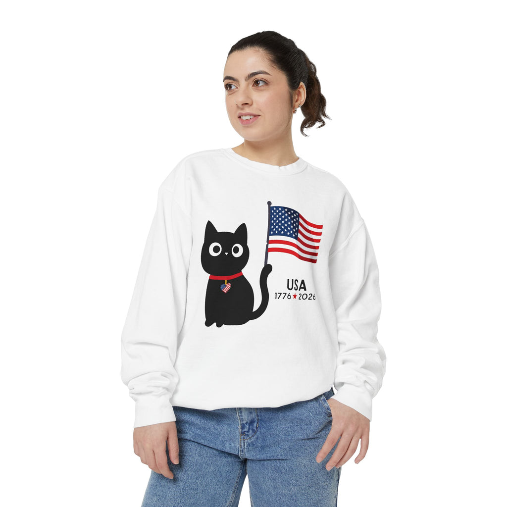 Patriotic Black Cat Sweatshirt — USA Flag 1776–2026