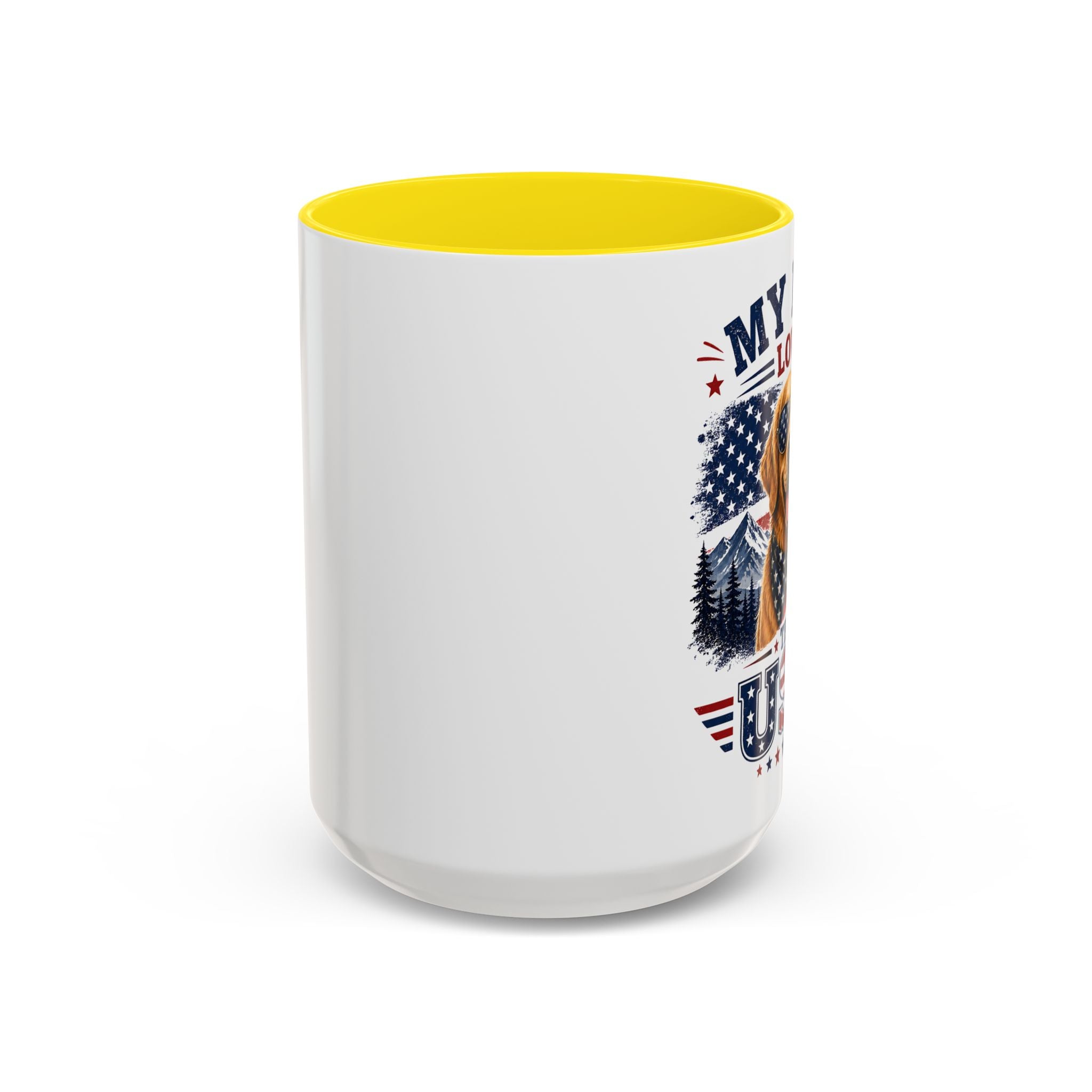 Patriotic Golden Retriever Coffee Mug – "My Dog Loves the USA" Accent Mug