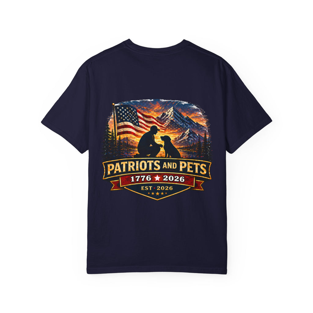Patriots and Pets T-Shirt – 1776–2026 American Flag & Dog Tribute Tee