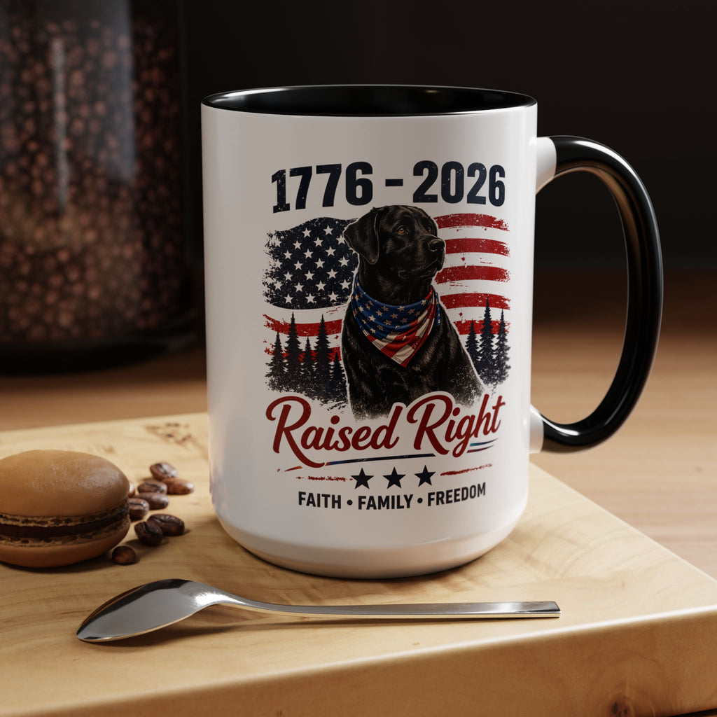 Raised Right Black Lab Coffee Mug — Patriotic 1776–2026 American Flag Dog Mug