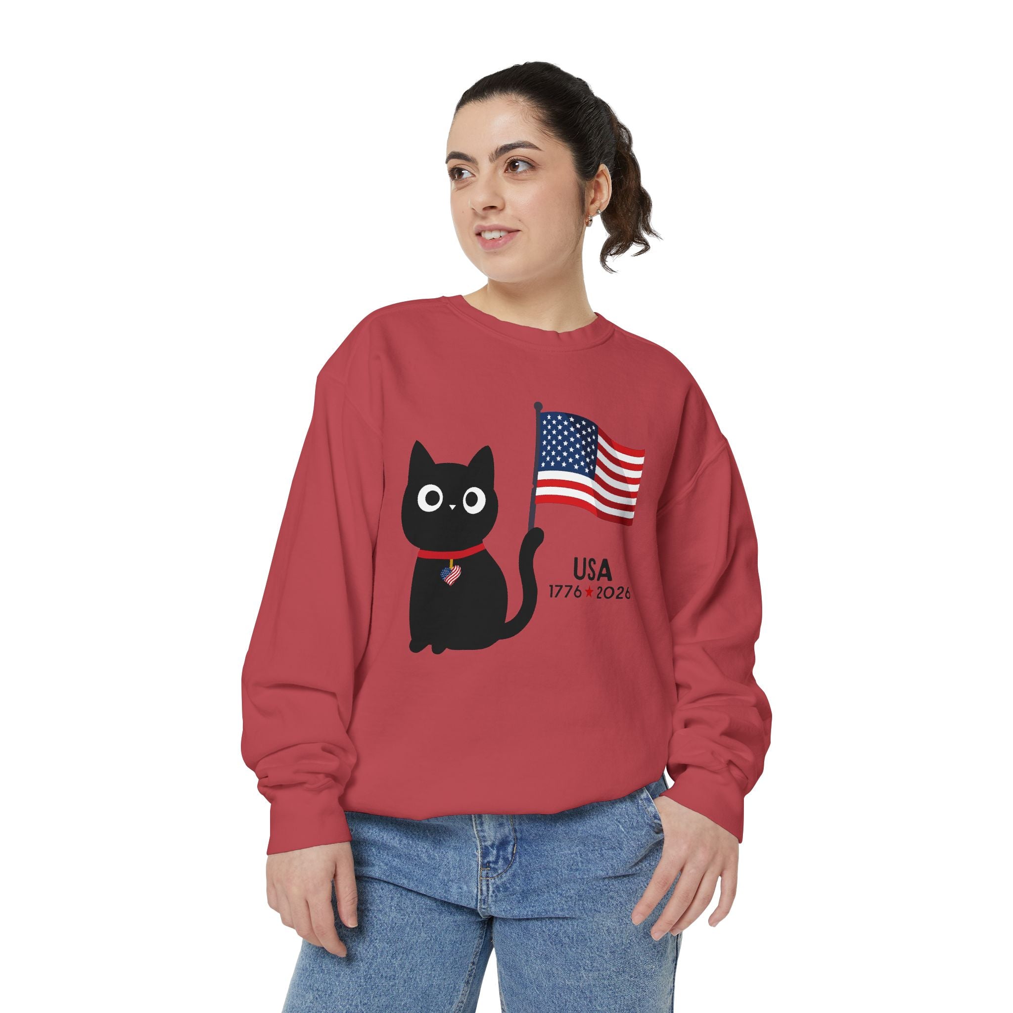 Patriotic Black Cat Sweatshirt — USA Flag 1776–2026