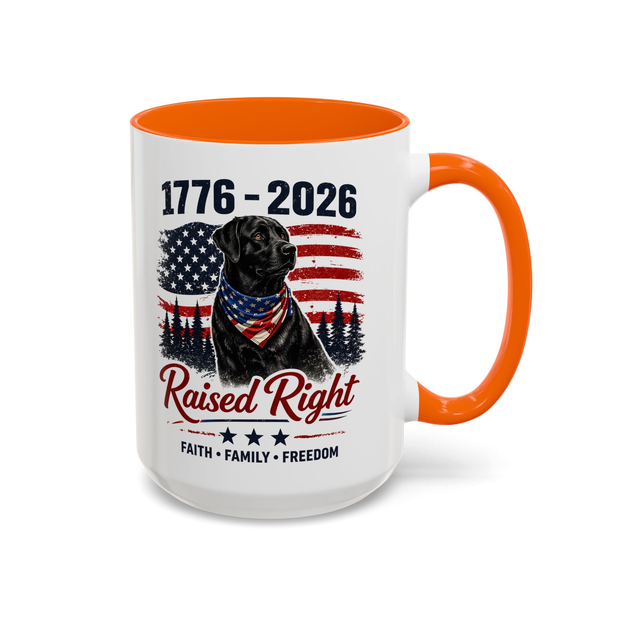 Raised Right Black Lab Coffee Mug — Patriotic 1776–2026 American Flag Dog Mug