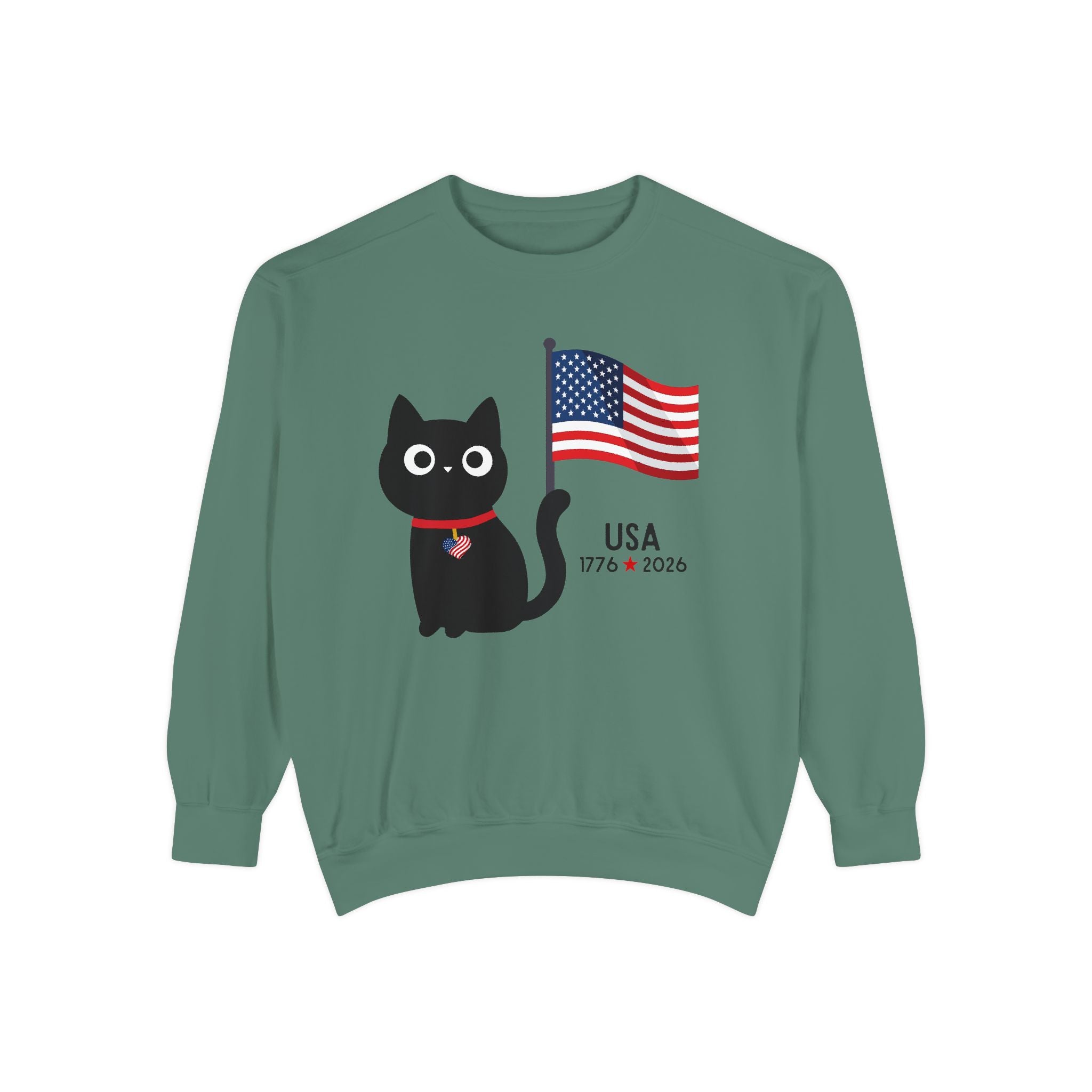 Patriotic Black Cat Sweatshirt — USA Flag 1776–2026