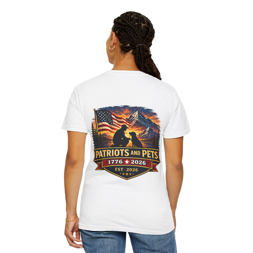 Patriots and Pets T-Shirt – 1776–2026 American Flag & Dog Tribute Tee