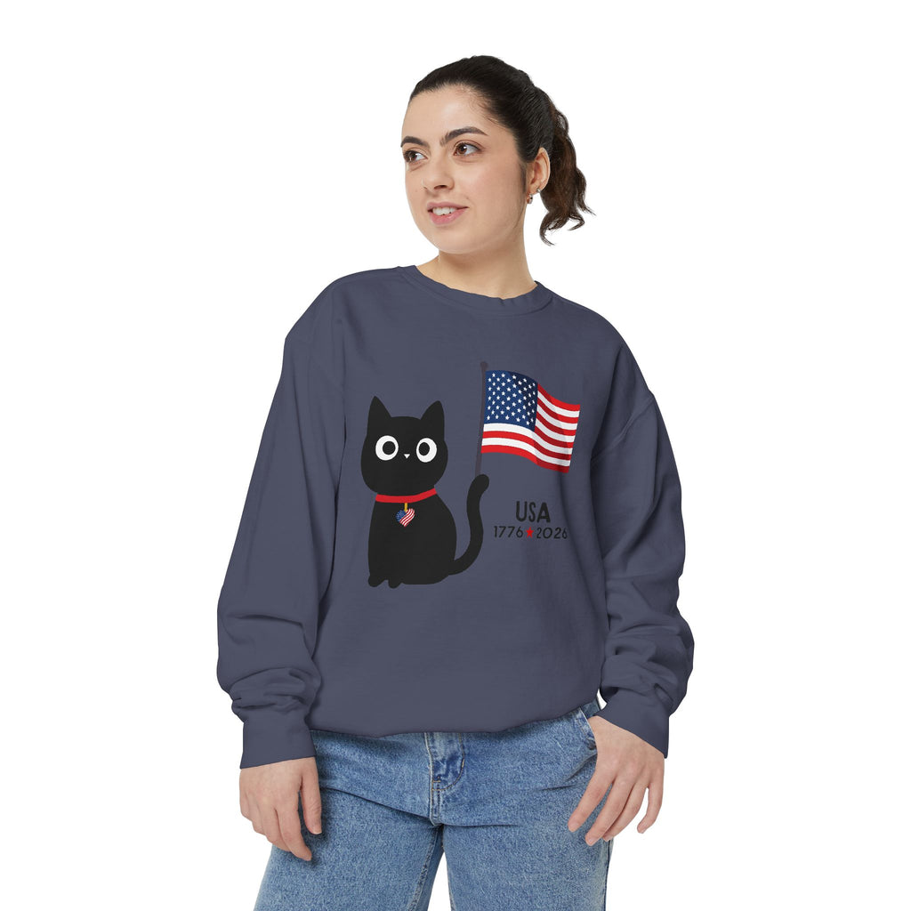 Patriotic Black Cat Sweatshirt — USA Flag 1776–2026