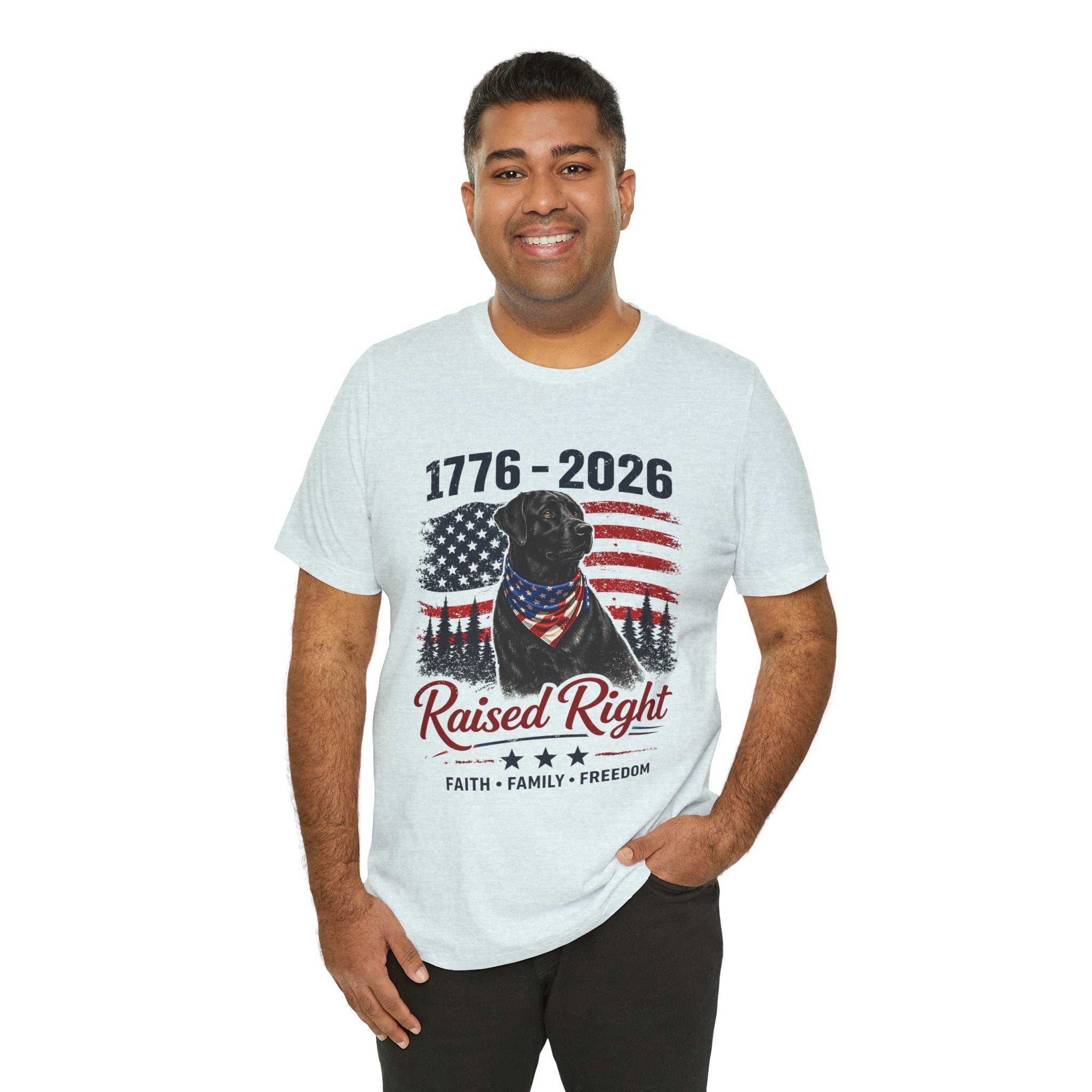Raised Right Black Lab T-Shirt – 1776–2026 American Flag, Faith • Family • Freedom