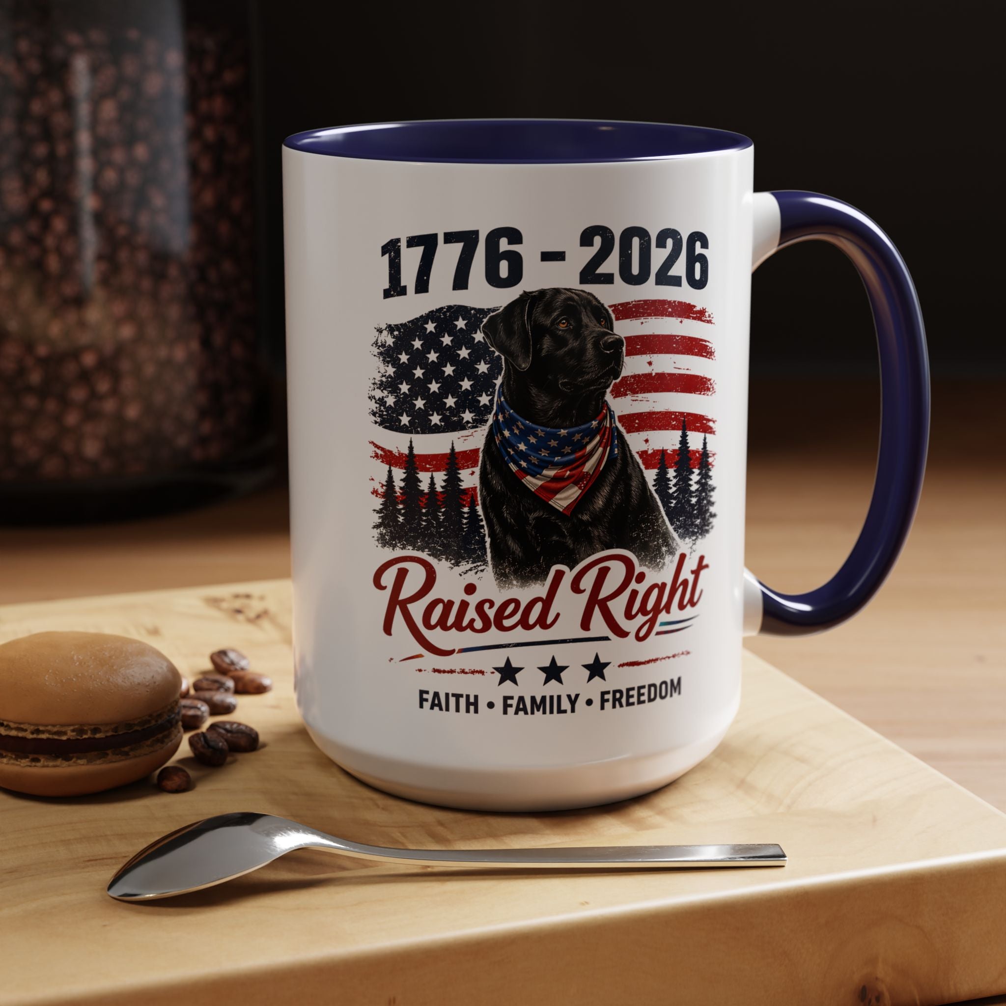 Raised Right Black Lab Coffee Mug — Patriotic 1776–2026 American Flag Dog Mug