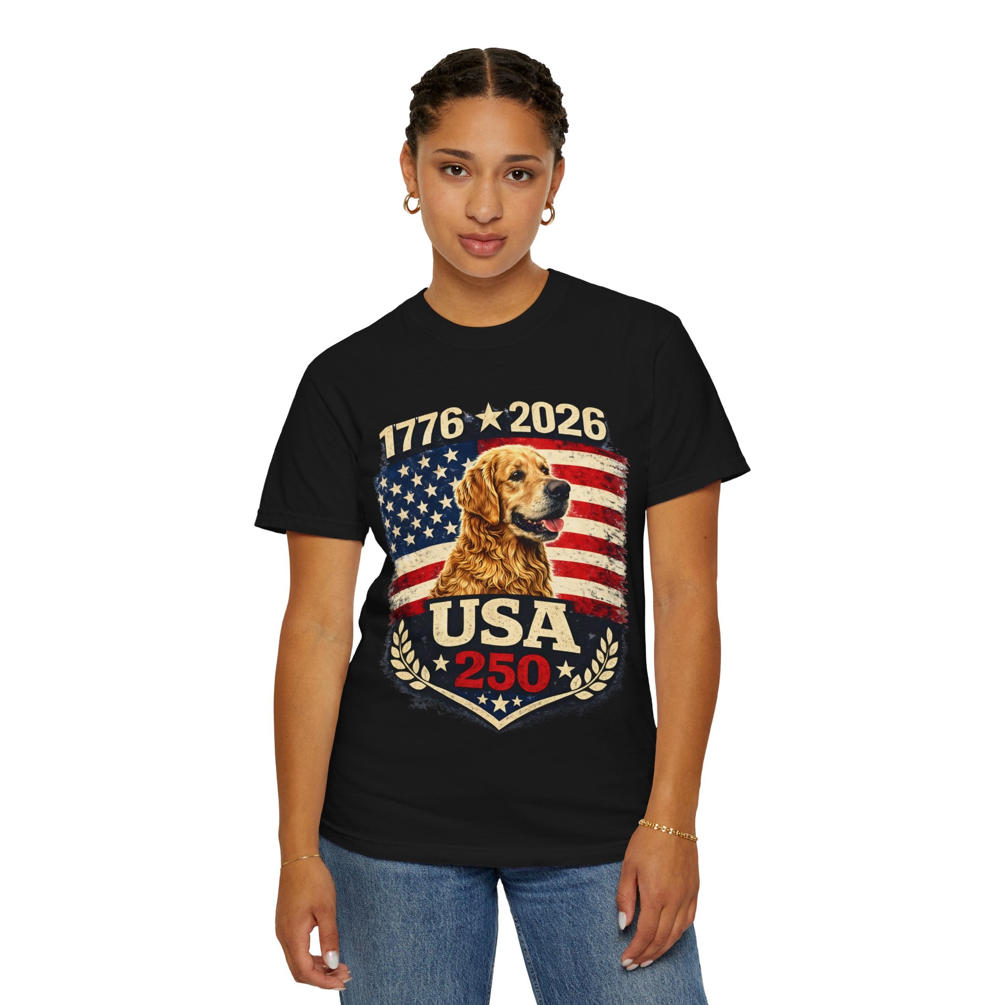 USA 250 Golden Retriever T-Shirt — 1776–2026 Patriotic 250th Anniversary Tee