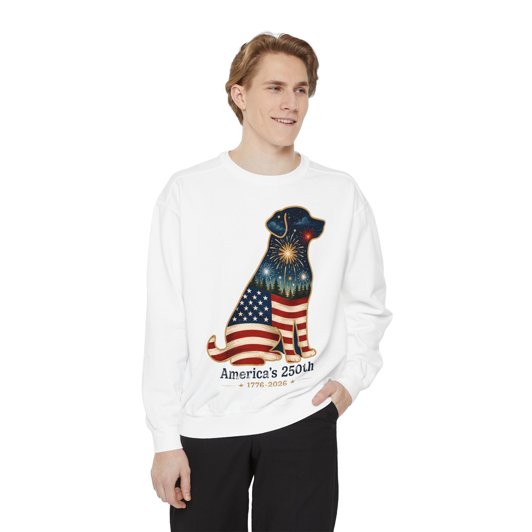 Dog Patriotic Sweatshirt – "America's 250th" Flag Labrador Crewneck