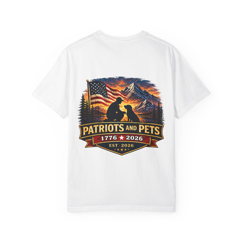 Patriots and Pets T-Shirt – 1776–2026 American Flag & Dog Tribute Tee