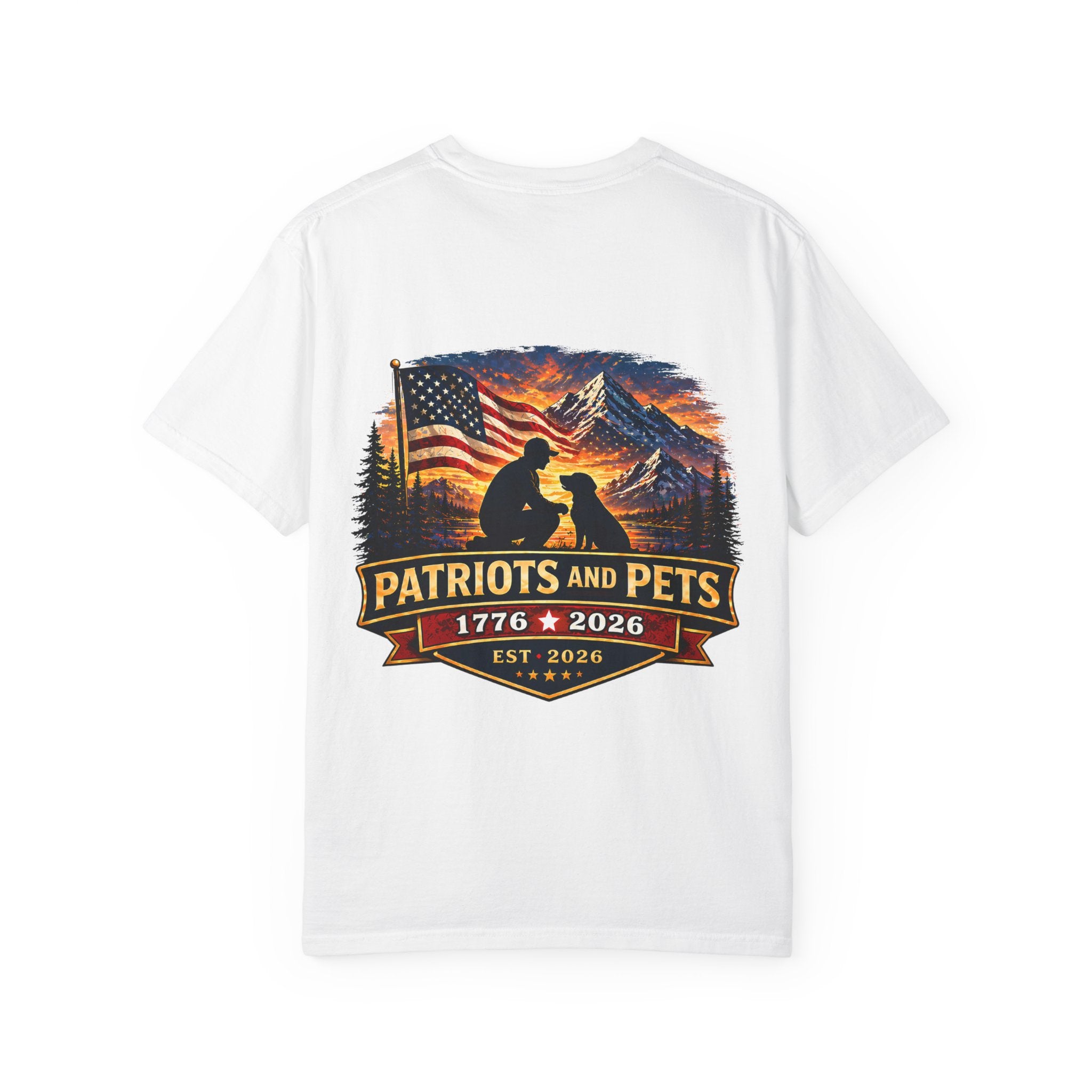 Patriots and Pets T-Shirt – 1776–2026 American Flag & Dog Tribute Tee