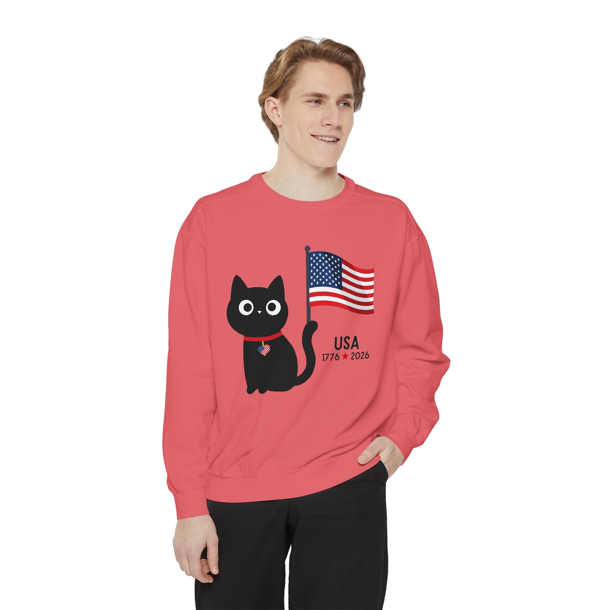 Patriotic Black Cat Sweatshirt — USA Flag 1776–2026