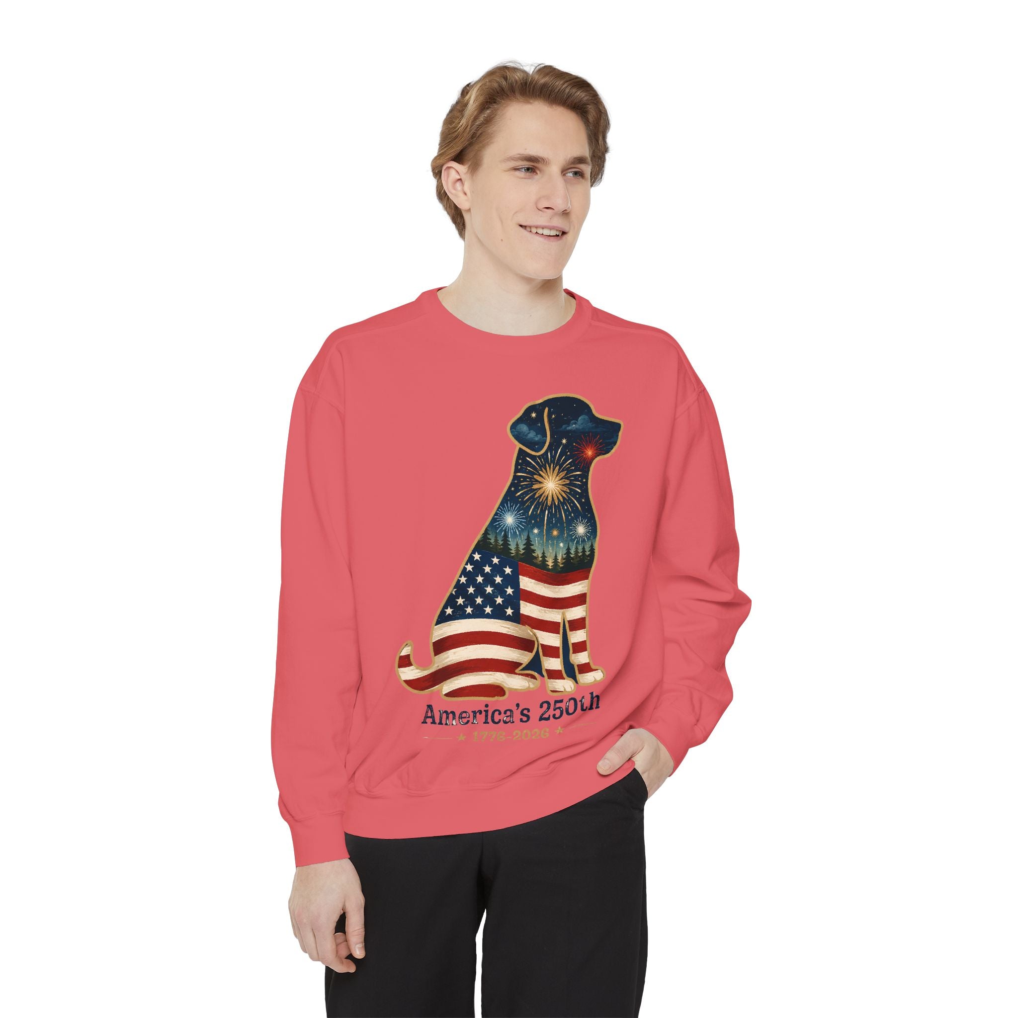 Dog Patriotic Sweatshirt – "America's 250th" Flag Labrador Crewneck