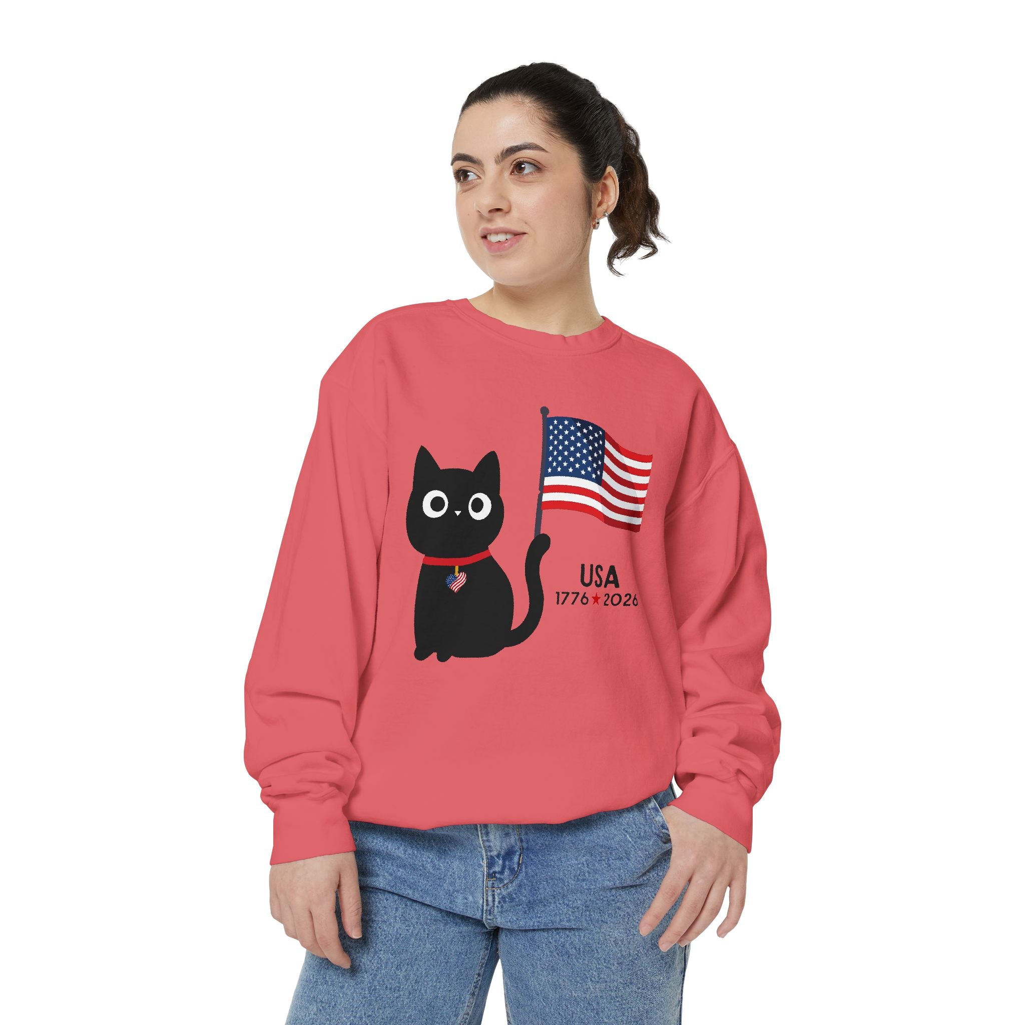 Patriotic Black Cat Sweatshirt — USA Flag 1776–2026