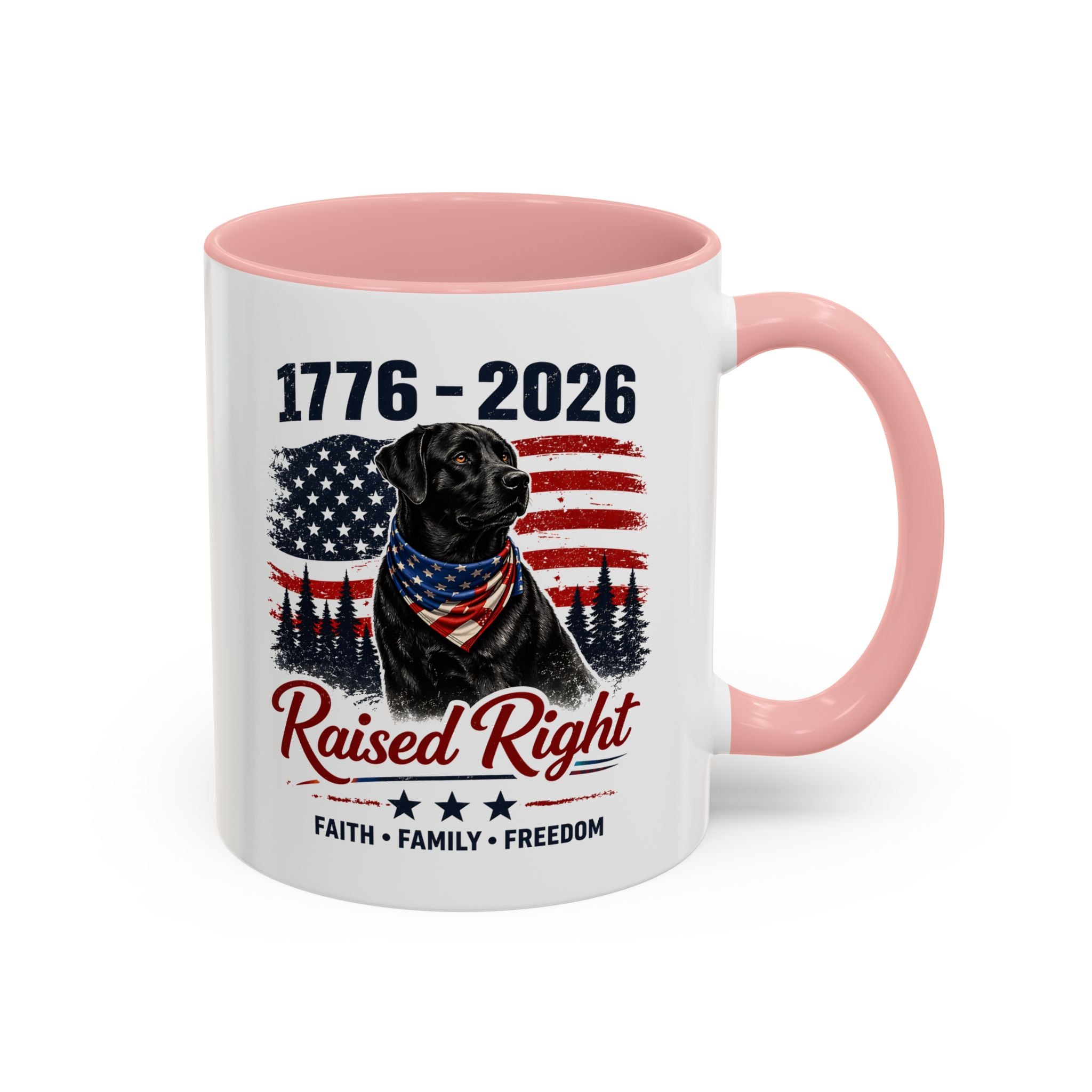 Raised Right Black Lab Coffee Mug — Patriotic 1776–2026 American Flag Dog Mug