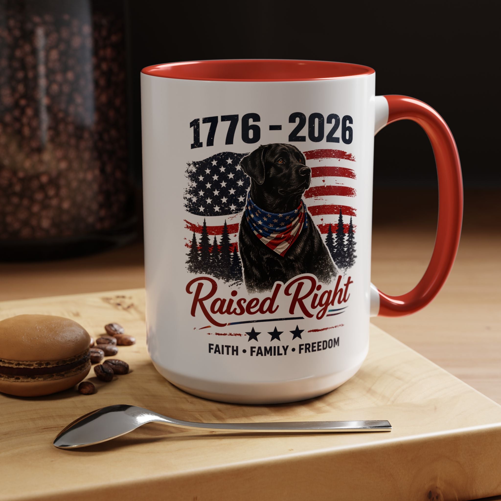 Raised Right Black Lab Coffee Mug — Patriotic 1776–2026 American Flag Dog Mug