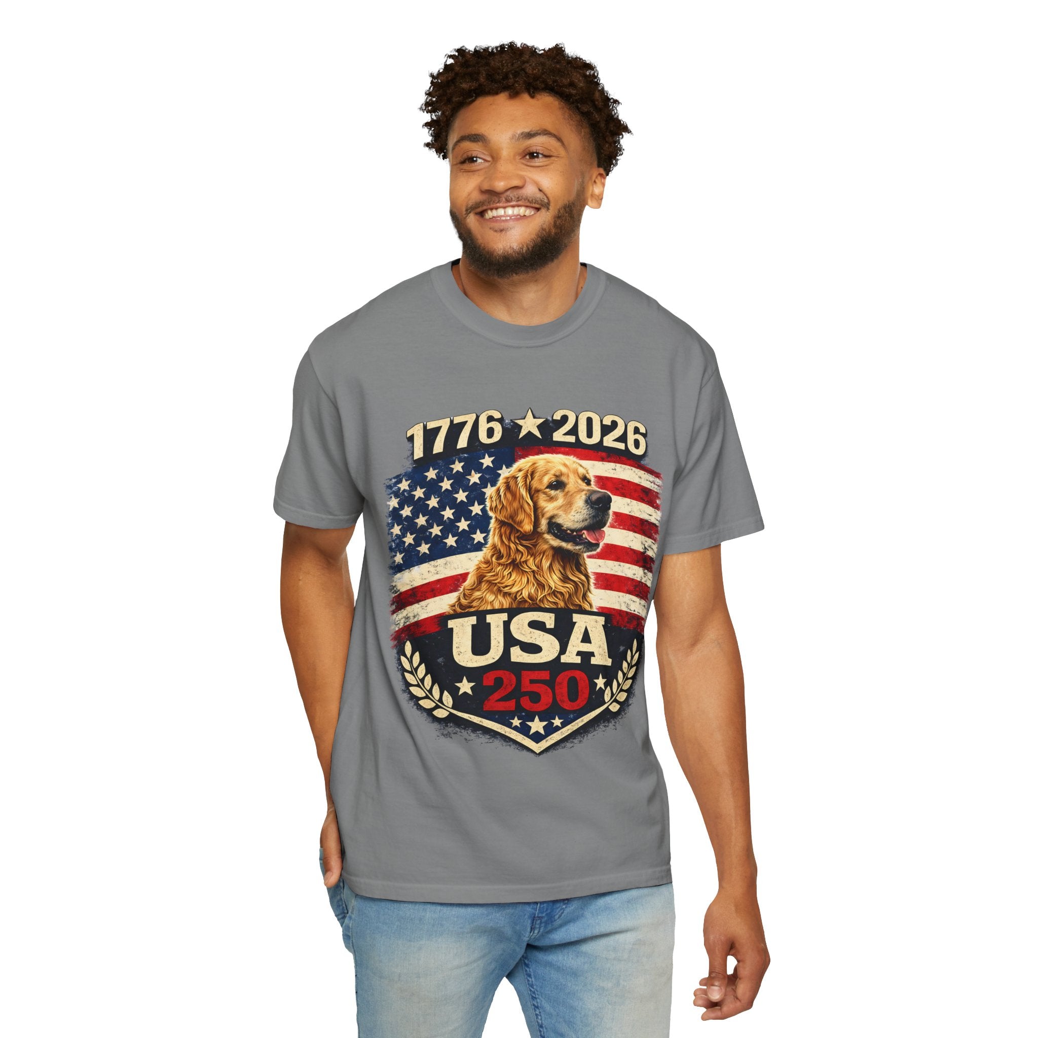 USA 250 Golden Retriever T-Shirt — 1776–2026 Patriotic 250th Anniversary Tee