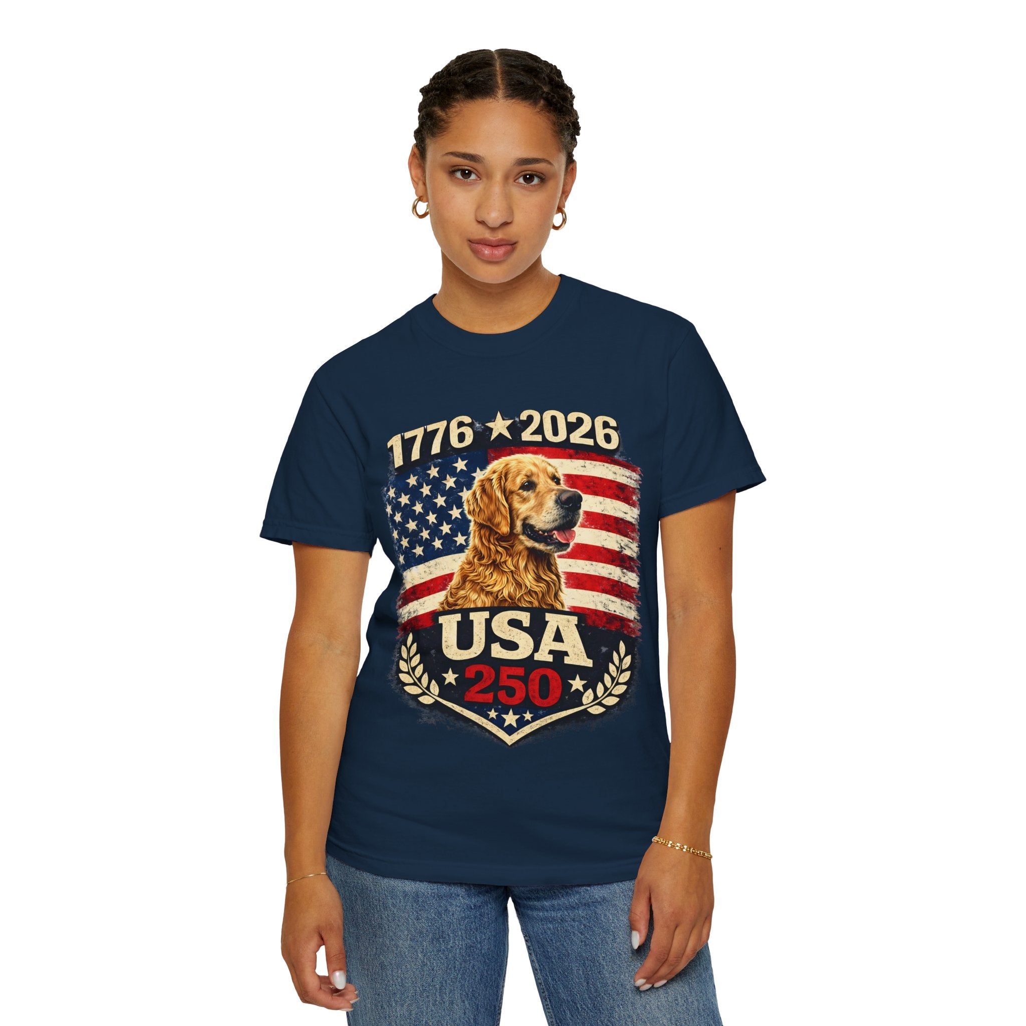 USA 250 Golden Retriever T-Shirt — 1776–2026 Patriotic 250th Anniversary Tee
