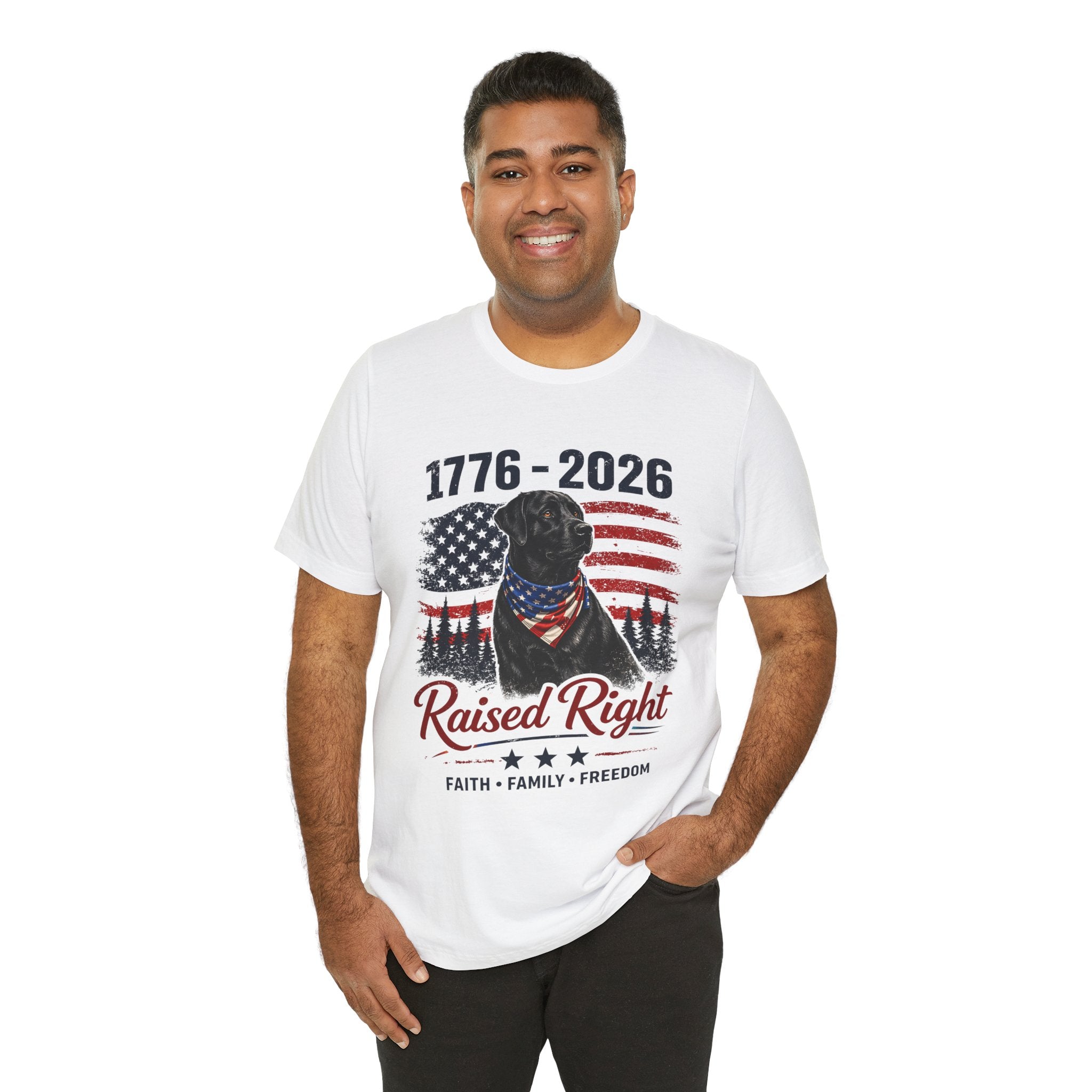 Raised Right Black Lab T-Shirt – 1776–2026 American Flag, Faith • Family • Freedom