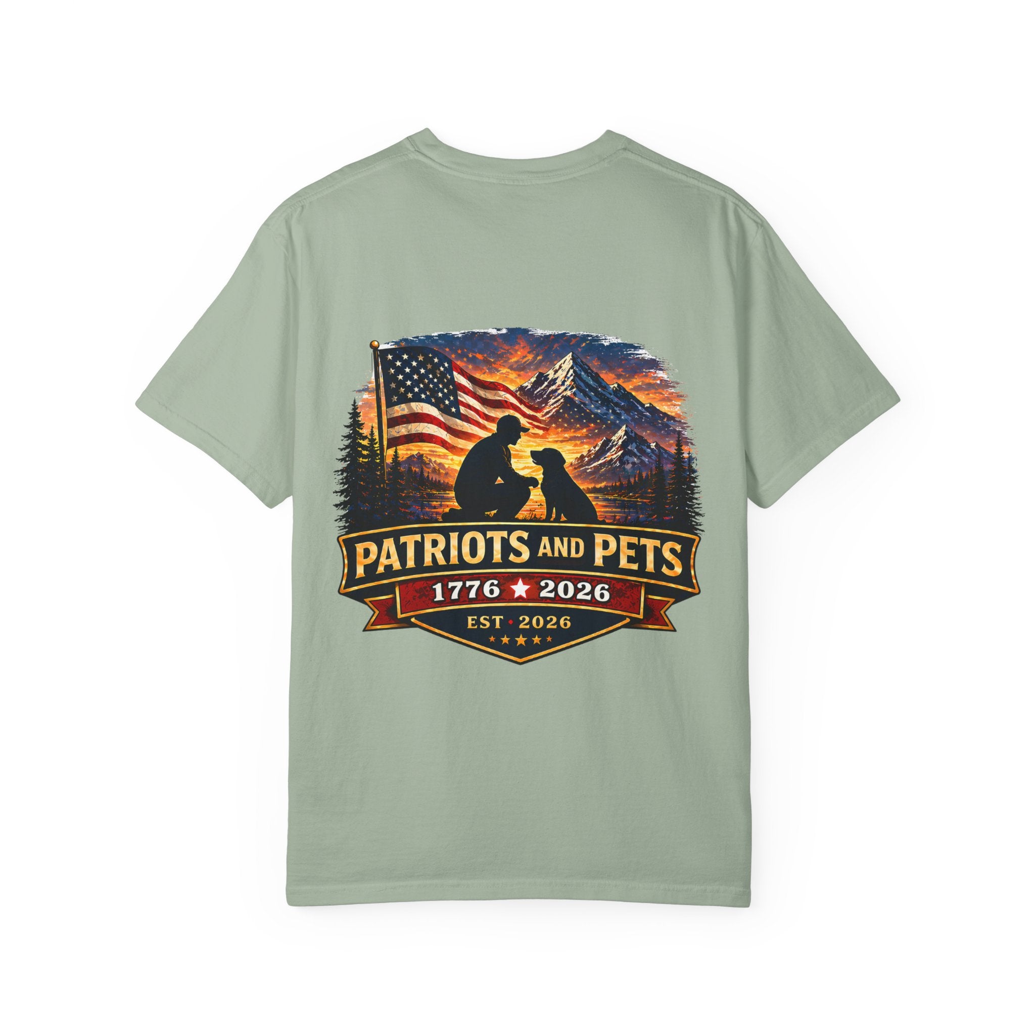 Patriots and Pets T-Shirt – 1776–2026 American Flag & Dog Tribute Tee