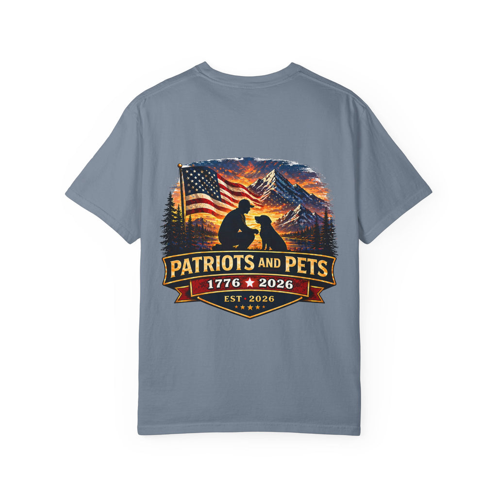 Patriots and Pets T-Shirt – 1776–2026 American Flag & Dog Tribute Tee