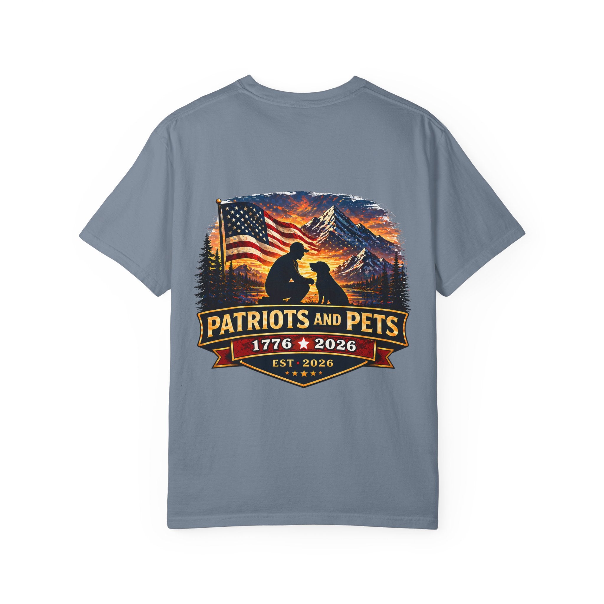Patriots and Pets T-Shirt – 1776–2026 American Flag & Dog Tribute Tee