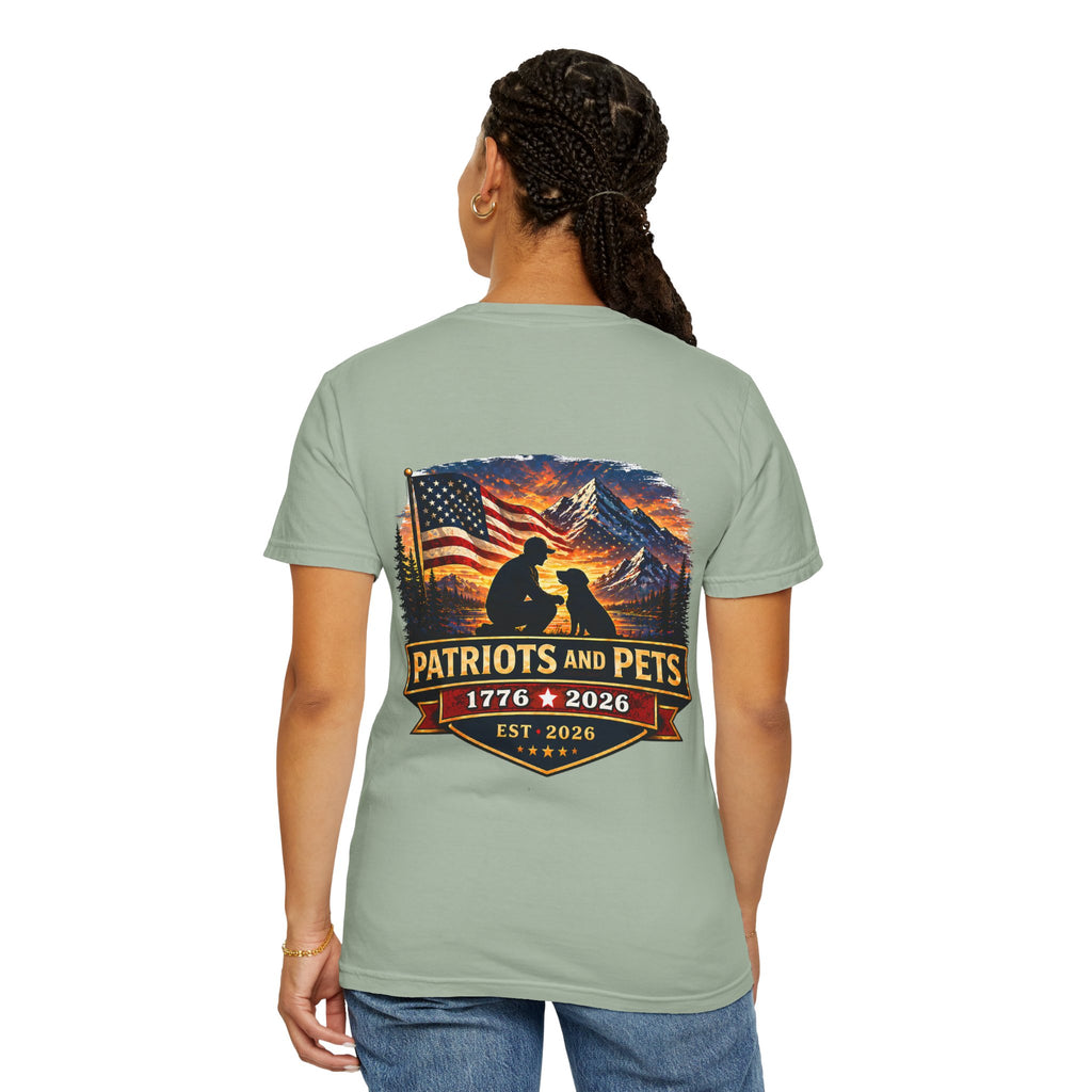 Patriots and Pets T-Shirt – 1776–2026 American Flag & Dog Tribute Tee